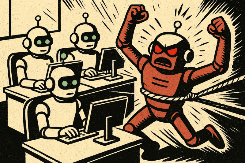 A robot attempting to rampage but unable due to restraints.